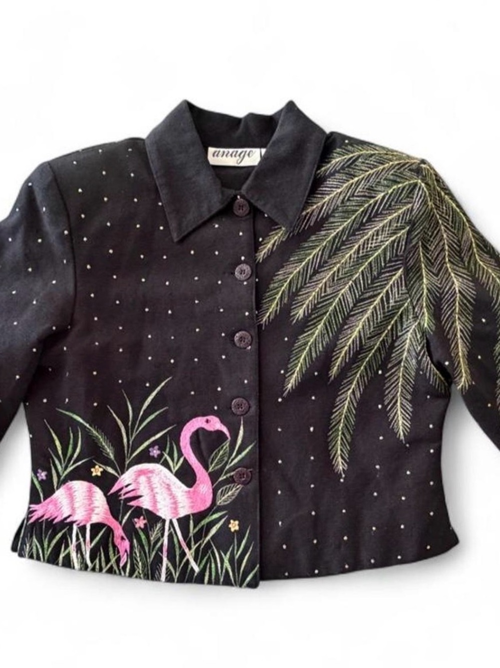 Anage Black Blazer with Pink Flamingo & Green Palm Embroidery